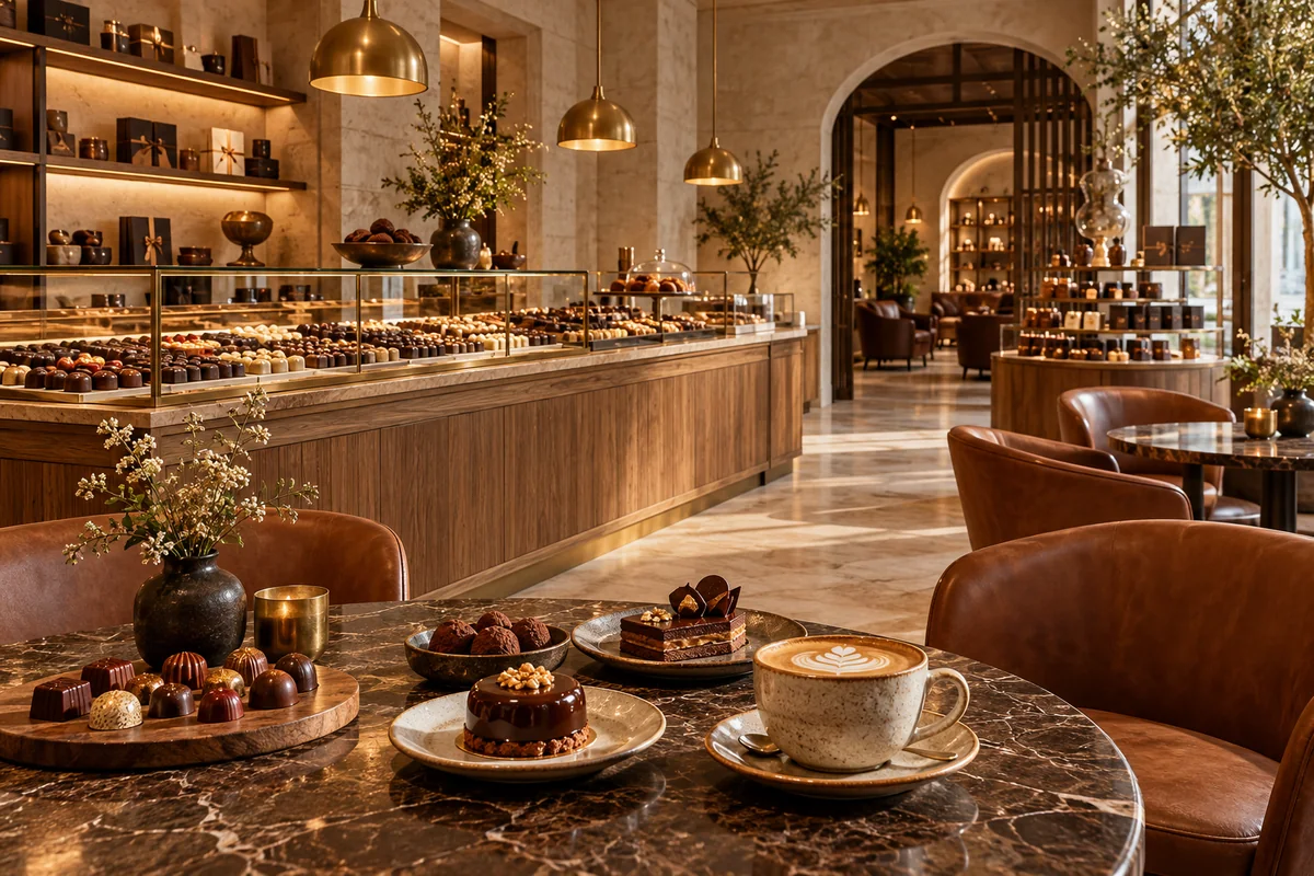 Concept of the DUKE café and boutique with coffee, chocolates and warm oak furnishings