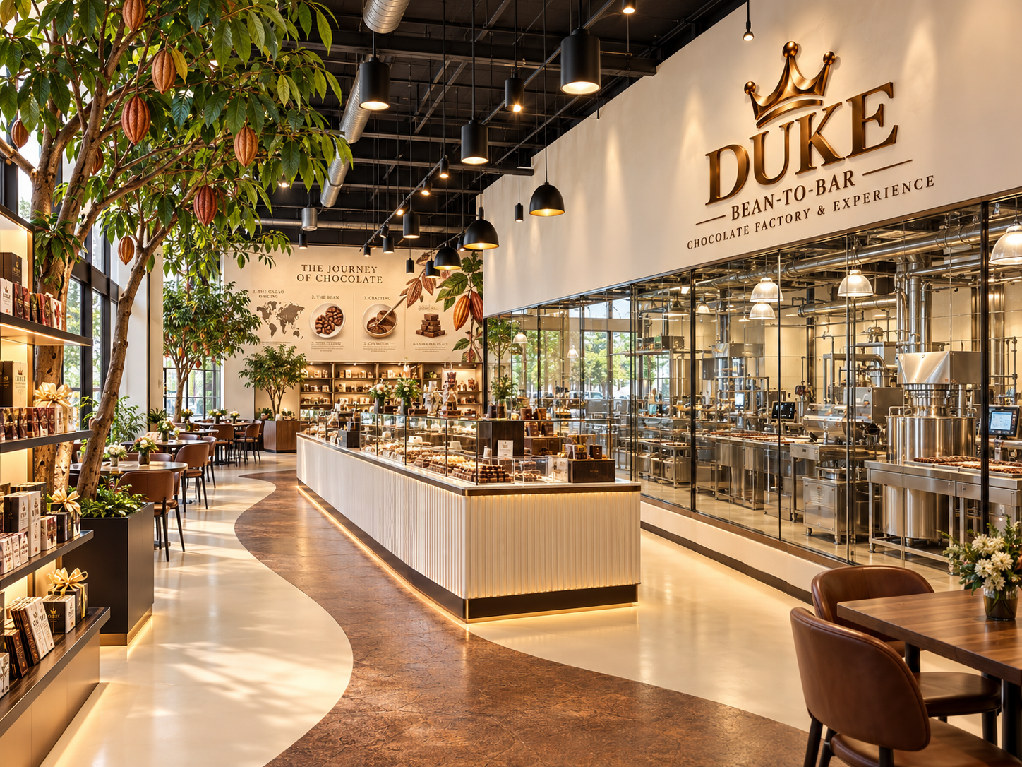 DUKE factory concept showing the complete brand sign and chocolate display counter