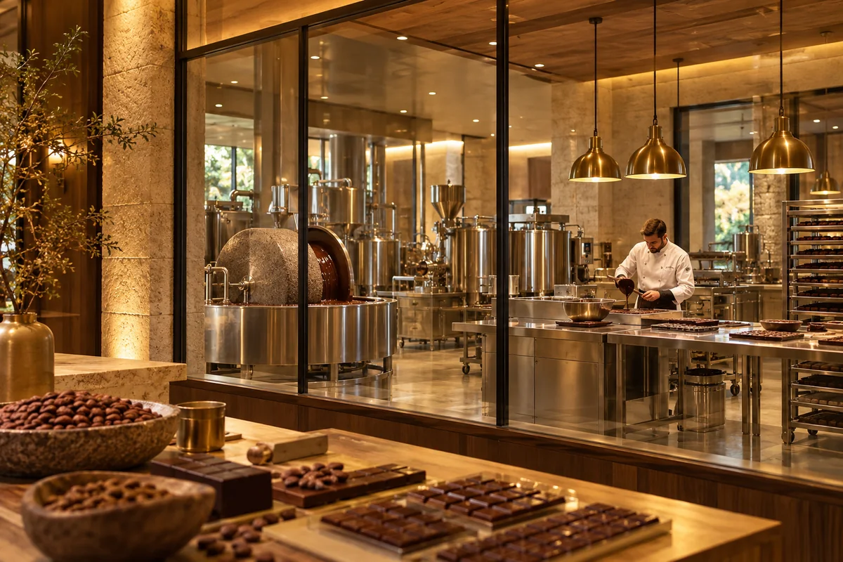 Concept of a glass-walled Bean-to-Bar chocolate factory with stainless steel equipment