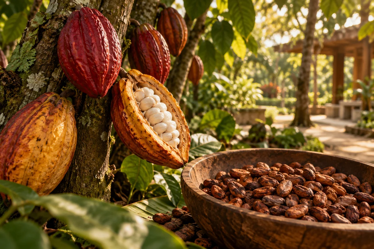 Concept illustration of ripe cacao pods and beans, the origin of chocolate